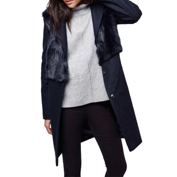 TopShop Longline Pea Coat Faux Fur Vest Navy Small - Picture 2 of 15